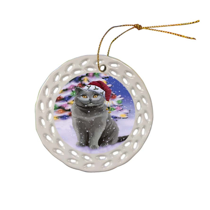 Winterland Wonderland British Shorthair Cat In Christmas Holiday Scenic Background Ceramic Doily Ornament DPOR56048