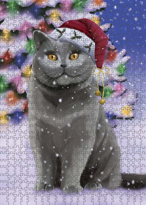 Winterland Wonderland British Shorthair Cat In Christmas Holiday Scenic Background Puzzle with Photo Tin PUZL90972