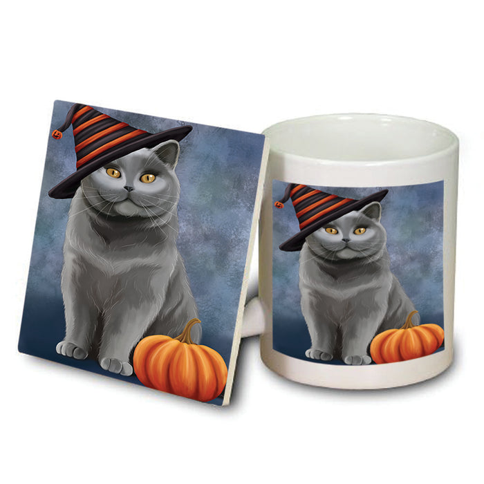 Happy Halloween British Shorthair Cat Wearing Witch Hat with Pumpkin Mug and Coaster Set MUC54860