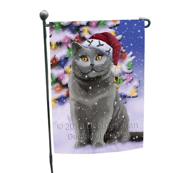 Winterland Wonderland British Shorthair Cat In Christmas Holiday Scenic Background Garden Flag GFLG55985