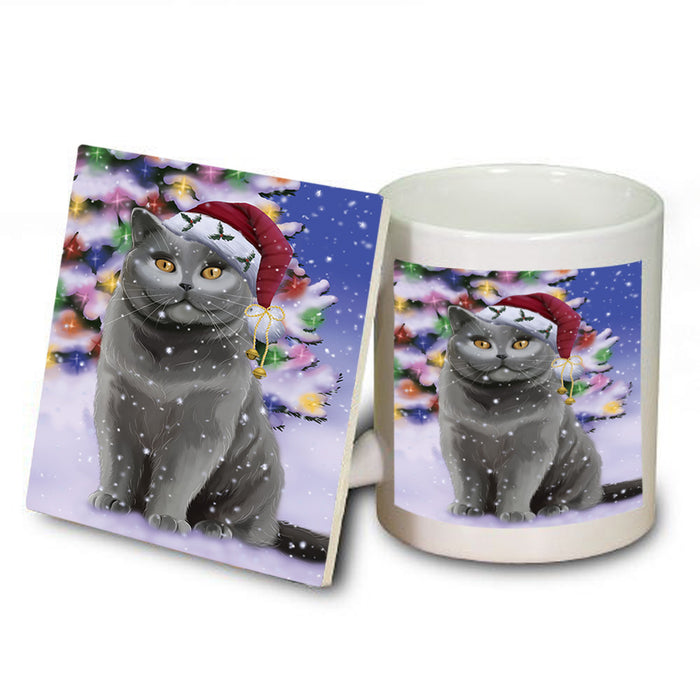 Winterland Wonderland British Shorthair Cat In Christmas Holiday Scenic Background Mug and Coaster Set MUC55684