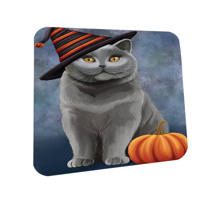 Happy Halloween British Shorthair Cat Wearing Witch Hat with Pumpkin Coasters Set of 4 CST54826