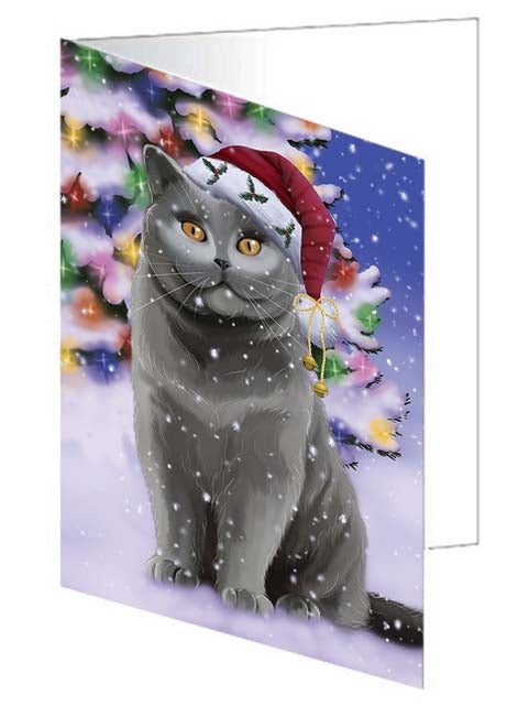 Winterland Wonderland British Shorthair Cat In Christmas Holiday Scenic Background Handmade Artwork Assorted Pets Greeting Cards and Note Cards with Envelopes for All Occasions and Holiday Seasons GCD71591