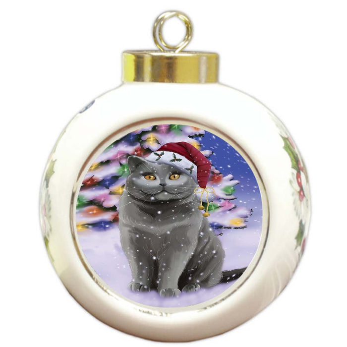 Winterland Wonderland British Shorthair Cat In Christmas Holiday Scenic Background Round Ball Christmas Ornament RBPOR56048