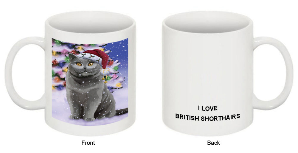 Winterland Wonderland British Shorthair Cat In Christmas Holiday Scenic Background Coffee Mug MUG51090