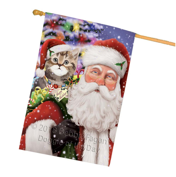 Santa Carrying British Shorthair Cat and Christmas Presents House Flag FLG55923