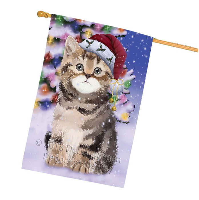 Winterland Wonderland British Shorthair Cat In Christmas Holiday Scenic Background House Flag FLG56122