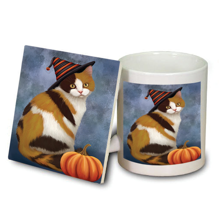 Happy Halloween British Shorthair Cat Wearing Witch Hat with Pumpkin Mug and Coaster Set MUC54861