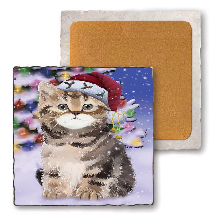 Winterland Wonderland British Shorthair Cat In Christmas Holiday Scenic Background Set of 4 Natural Stone Marble Tile Coasters MCST50693