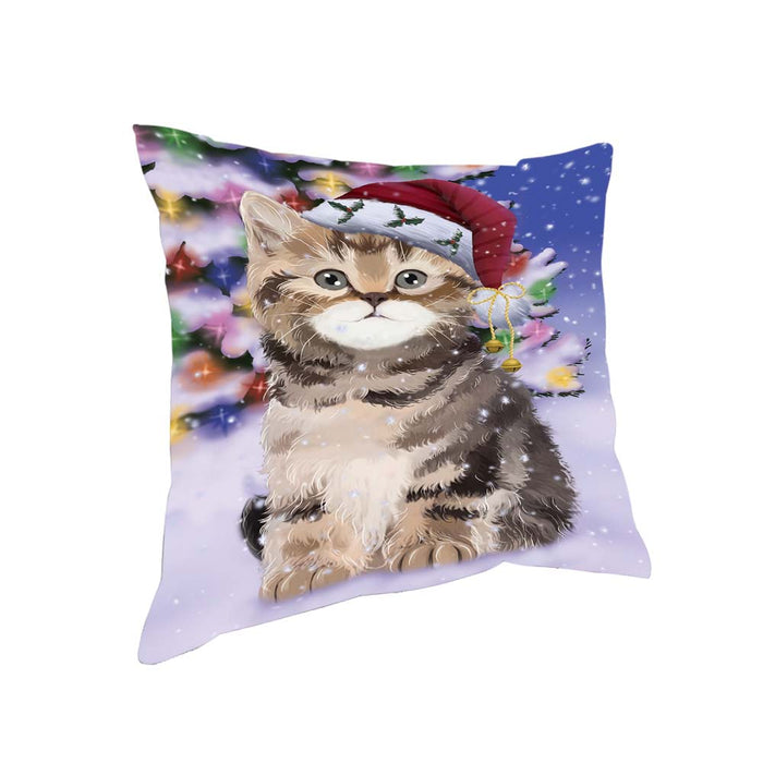 Winterland Wonderland British Shorthair Cat In Christmas Holiday Scenic Background Pillow PIL71700