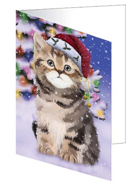 Winterland Wonderland British Shorthair Cat In Christmas Holiday Scenic Background Handmade Artwork Assorted Pets Greeting Cards and Note Cards with Envelopes for All Occasions and Holiday Seasons GCD71594