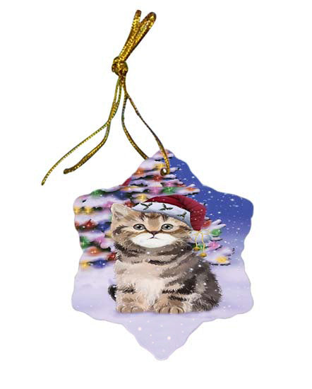 Winterland Wonderland British Shorthair Cat In Christmas Holiday Scenic Background Star Porcelain Ornament SPOR56049