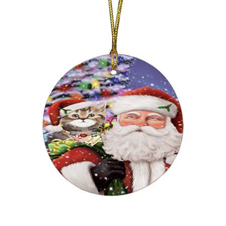Santa Carrying British Shorthair Cat and Christmas Presents Round Flat Christmas Ornament RFPOR55850