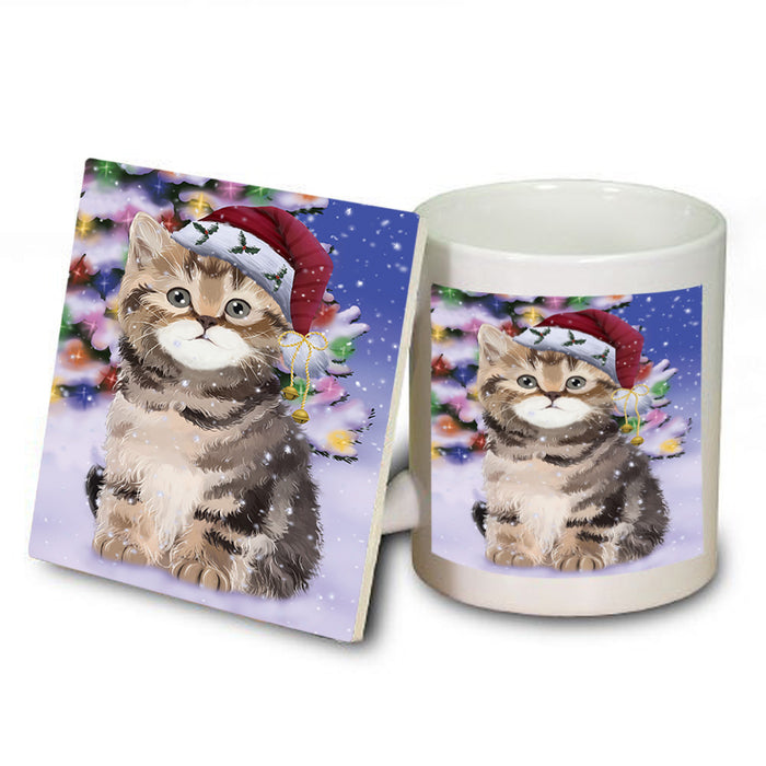 Winterland Wonderland British Shorthair Cat In Christmas Holiday Scenic Background Mug and Coaster Set MUC55685