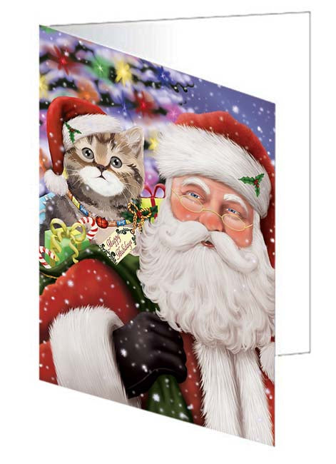 Santa Carrying British Shorthair Cat and Christmas Presents Handmade Artwork Assorted Pets Greeting Cards and Note Cards with Envelopes for All Occasions and Holiday Seasons GCD70997