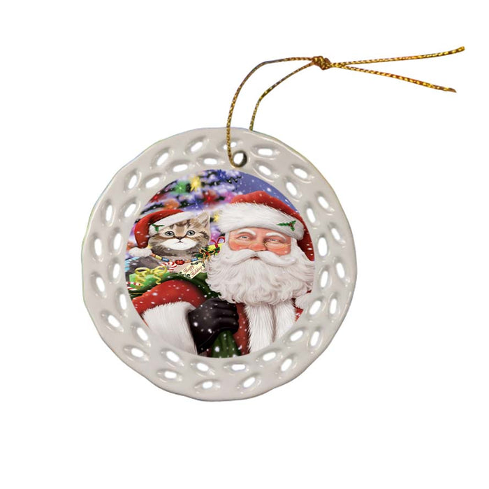 Santa Carrying British Shorthair Cat and Christmas Presents Ceramic Doily Ornament DPOR55850