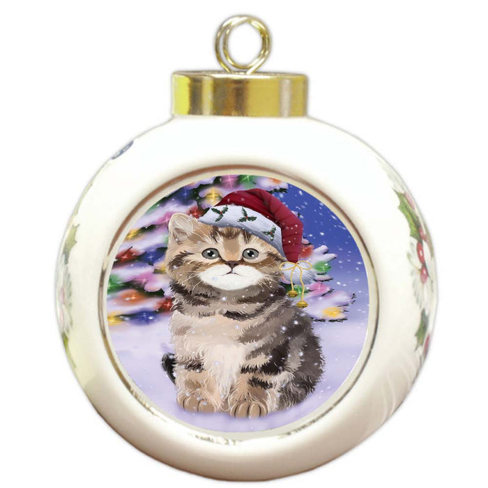 Winterland Wonderland British Shorthair Cat In Christmas Holiday Scenic Background Round Ball Christmas Ornament RBPOR56049