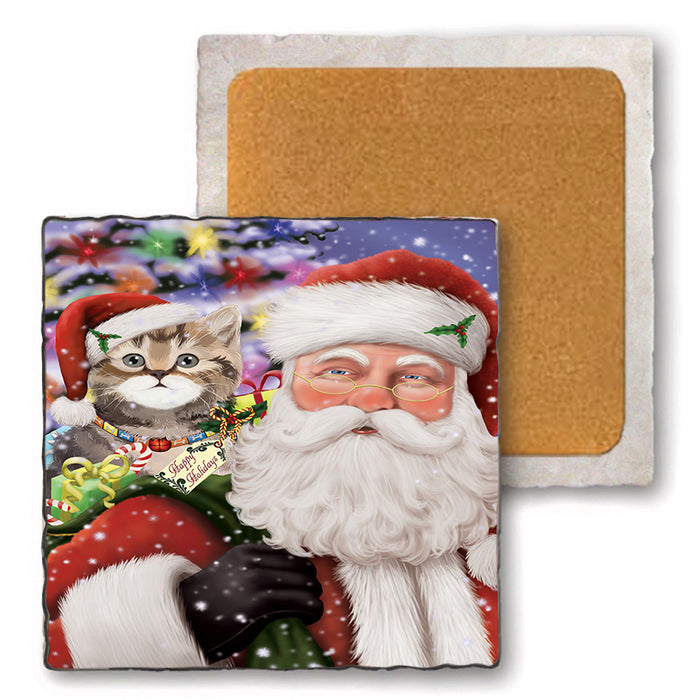 Santa Carrying British Shorthair Cat and Christmas Presents Set of 4 Natural Stone Marble Tile Coasters MCST50494