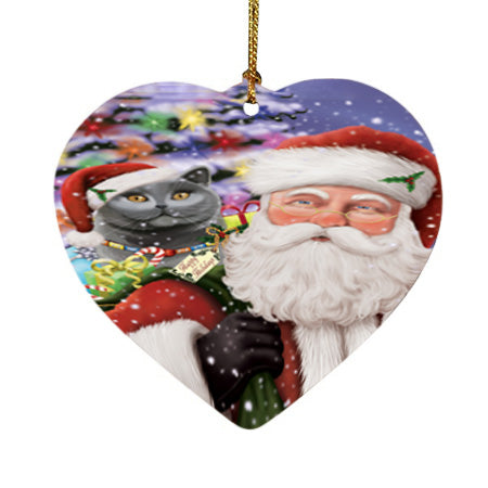 Santa Carrying British Shorthair Cat and Christmas Presents Heart Christmas Ornament HPOR55851