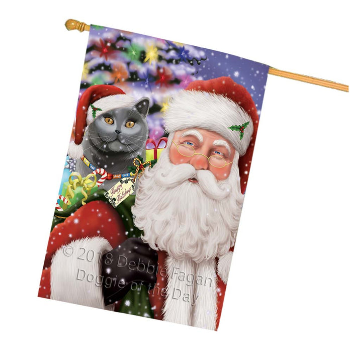 Santa Carrying British Shorthair Cat and Christmas Presents House Flag FLG55924