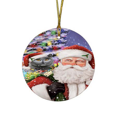 Santa Carrying British Shorthair Cat and Christmas Presents Round Flat Christmas Ornament RFPOR55851