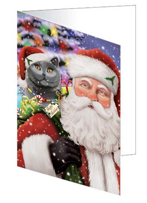 Santa Carrying British Shorthair Cat and Christmas Presents Handmade Artwork Assorted Pets Greeting Cards and Note Cards with Envelopes for All Occasions and Holiday Seasons GCD71000