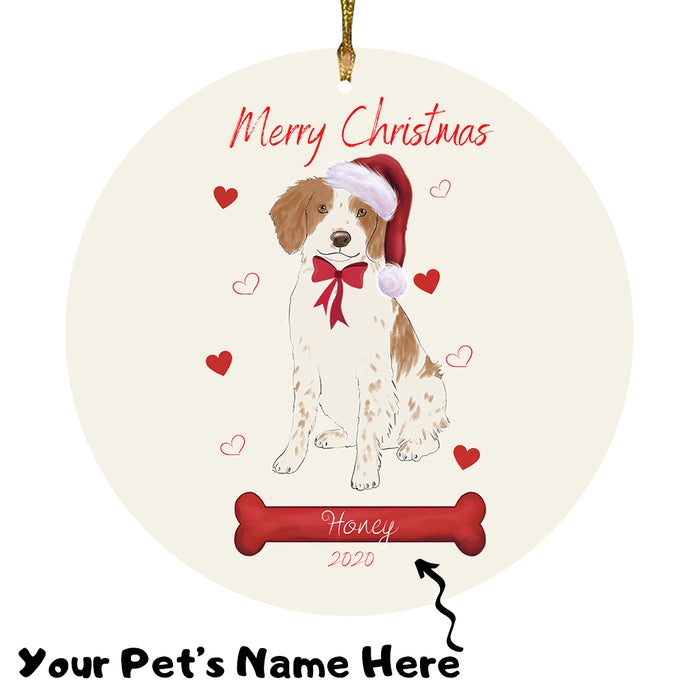 Personalized Merry Christmas  Brittany Spaniel Dog Christmas Tree Round Flat Ornament RBPOR58929