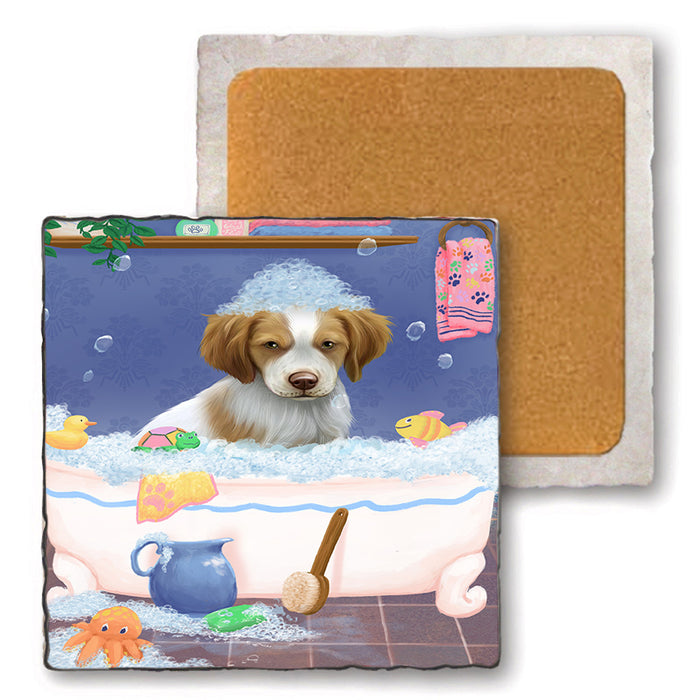 Rub A Dub Dog In A Tub Brittany Spaniel Dog Set of 4 Natural Stone Marble Tile Coasters MCST52324