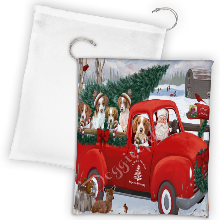 Christmas Santa Express Delivery Red Truck Brittany Spaniel Dogs Drawstring Laundry or Gift Bag LGB48289