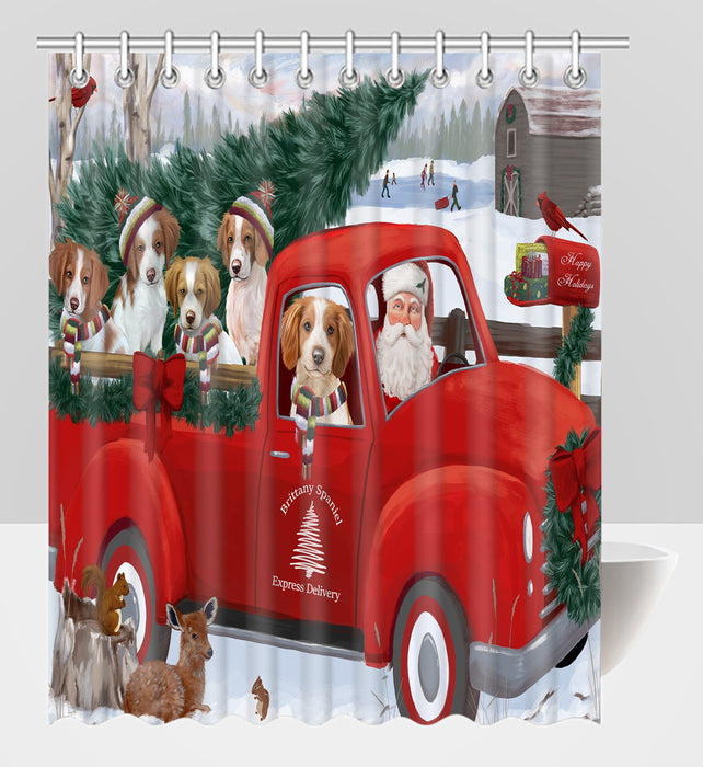 Christmas Santa Express Delivery Red Truck Brittany Spaniel Dogs Shower Curtain