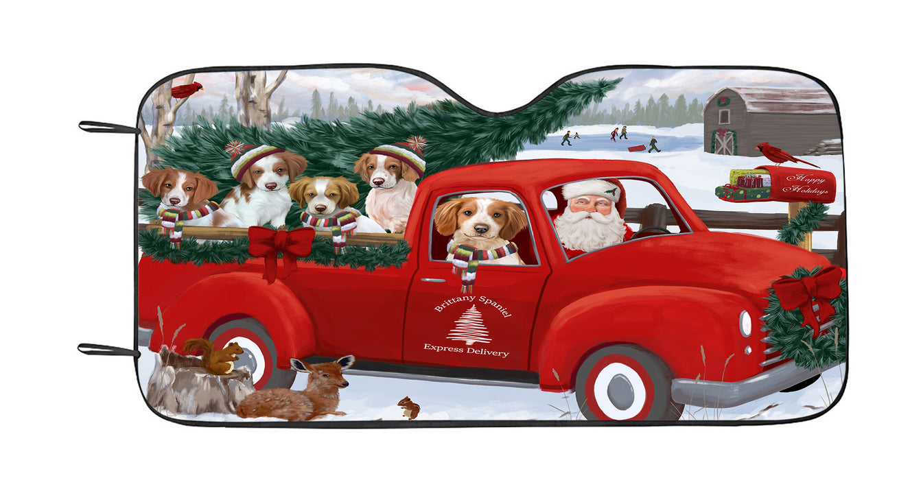 Christmas Santa Express Delivery Red Truck Brittany Spaniel Dogs Car Sun Shade