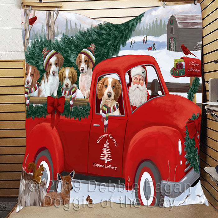 Christmas Santa Express Delivery Red Truck Brittany Spaniel Dogs Quilt