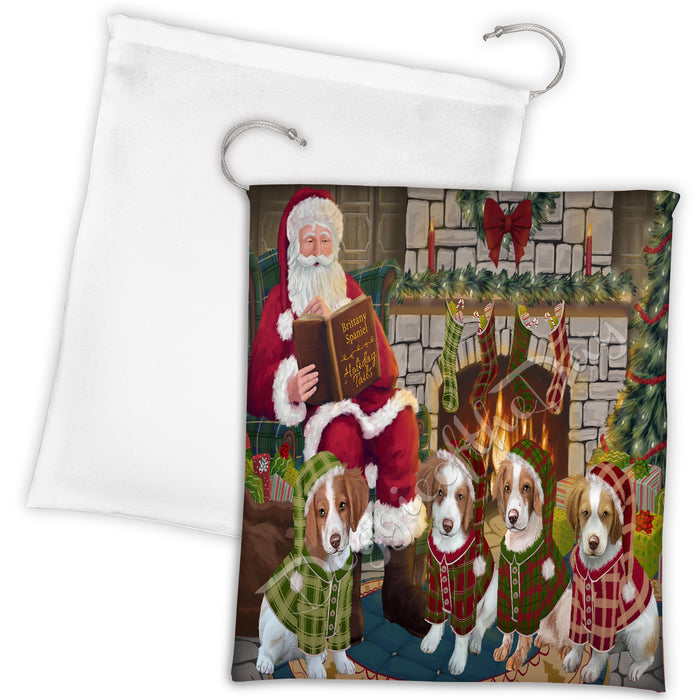 Christmas Cozy Holiday Fire Tails Brittany Spaniel Dogs Drawstring Laundry or Gift Bag LGB48483
