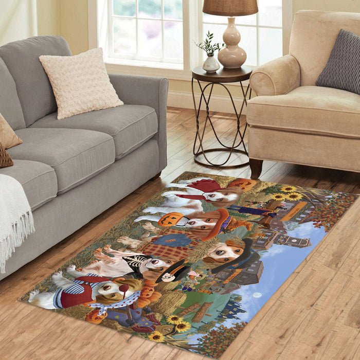 Halloween 'Round Town and Fall Pumpkin Scarecrow Both Brittany Spaniel Dogs Area Rug