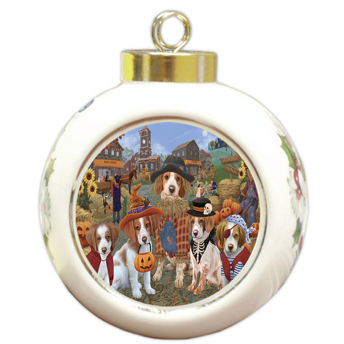 Halloween 'Round Town And Fall Pumpkin Scarecrow Both Brittany Spaniel Dogs Round Ball Christmas Ornament RBPOR57385