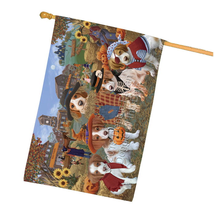 Halloween 'Round Town And Fall Pumpkin Scarecrow Both Brittany Spaniel Dogs House Flag FLG65637