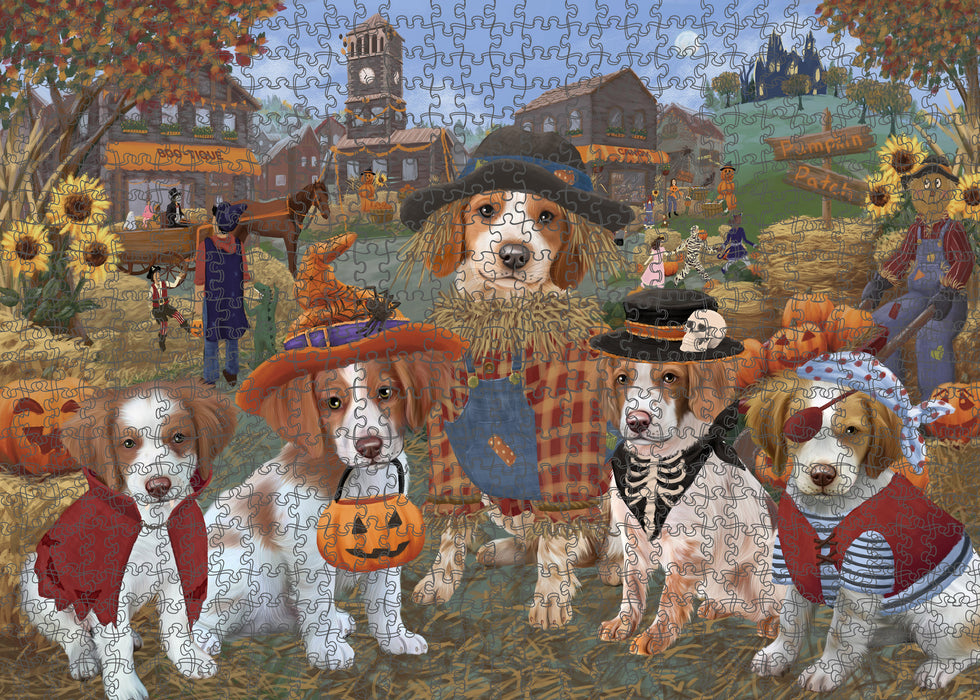 Halloween 'Round Town And Fall Pumpkin Scarecrow Both Brittany Spaniel Dogs Puzzle with Photo Tin PUZL96232