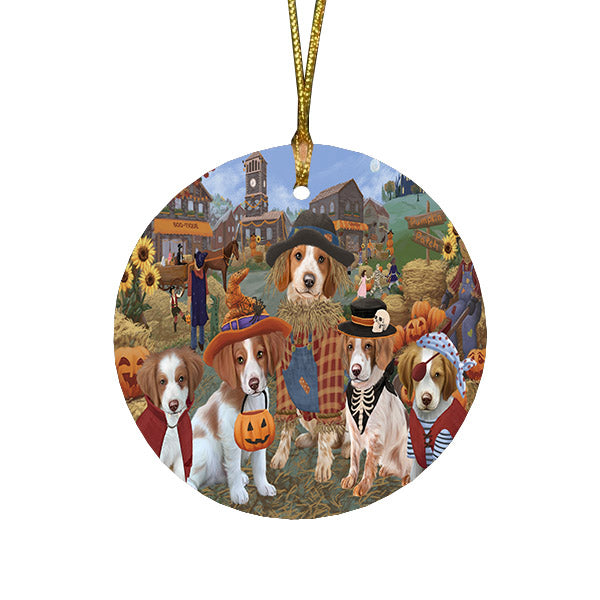 Halloween 'Round Town And Fall Pumpkin Scarecrow Both Brittany Spaniel Dogs Round Flat Christmas Ornament RFPOR57385