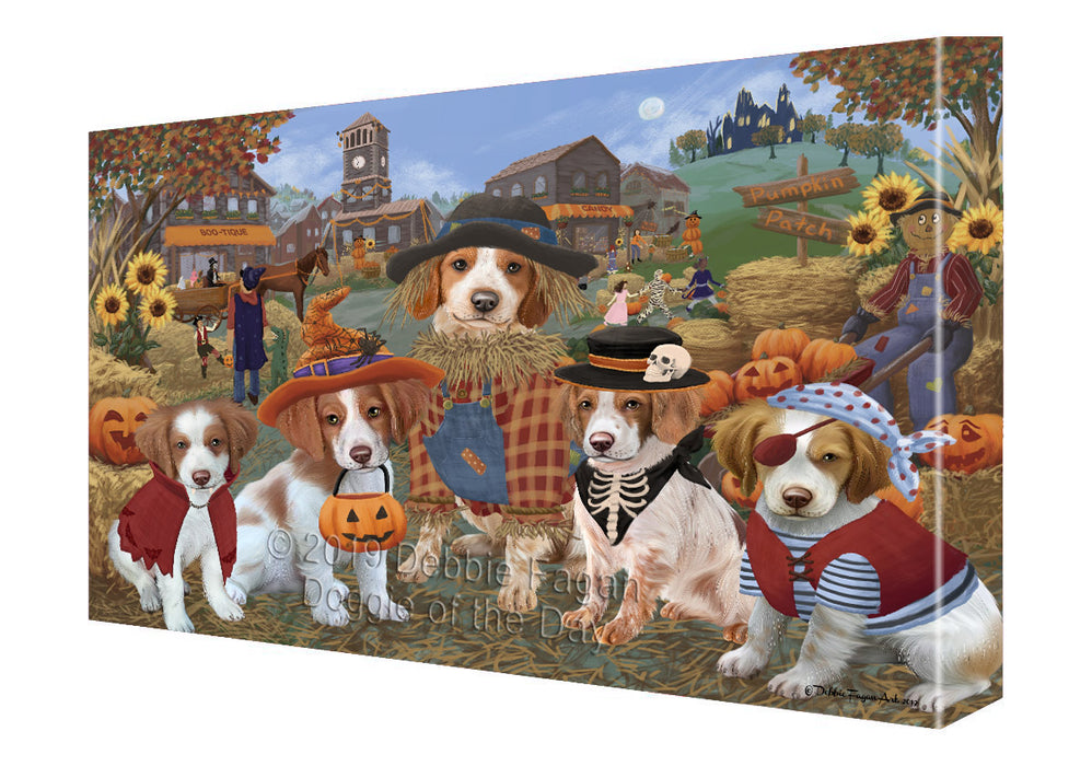 Halloween 'Round Town And Fall Pumpkin Scarecrow Both Brittany Spaniel Dogs Canvas Print Wall Art Décor CVS139418