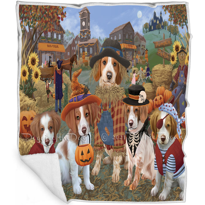 Halloween 'Round Town And Fall Pumpkin Scarecrow Both Brittany Spaniel Dogs Blanket BLNKT138791