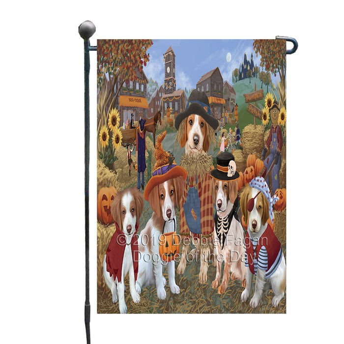 Halloween 'Round Town And Fall Pumpkin Scarecrow Both Brittany Spaniel Dogs Garden Flag GFLG65581