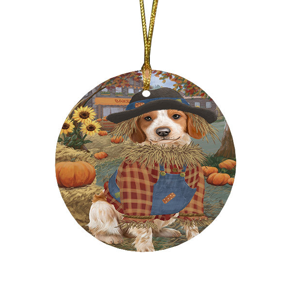 Halloween 'Round Town And Fall Pumpkin Scarecrow Both Brittany Spaniel Dogs Round Flat Christmas Ornament RFPOR57446