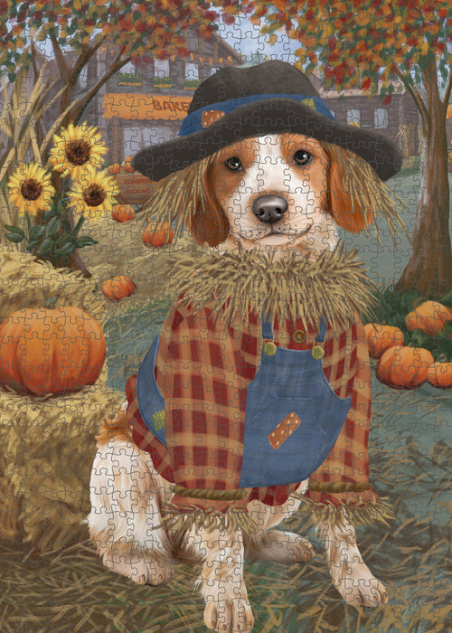 Halloween 'Round Town And Fall Pumpkin Scarecrow Both Brittany Spaniel Dogs Puzzle with Photo Tin PUZL96476