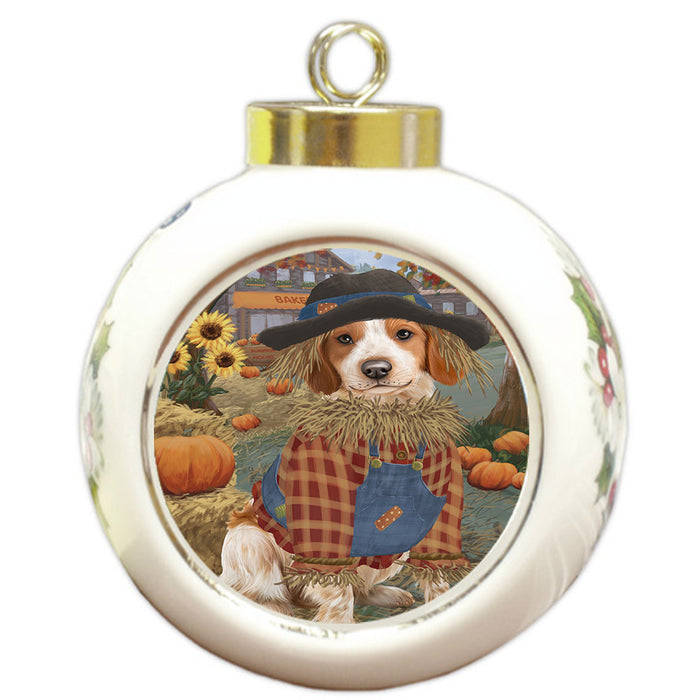 Halloween 'Round Town And Fall Pumpkin Scarecrow Both Brittany Spaniel Dogs Round Ball Christmas Ornament RBPOR57446