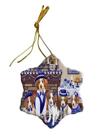 Happy Hanukkah Family Brittany Spaniel Dogs Star Porcelain Ornament SPOR57603