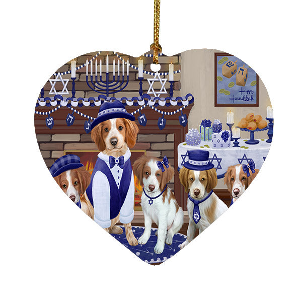 Happy Hanukkah Family Brittany Spaniel Dogs Heart Christmas Ornament HPOR57603