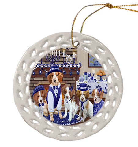 Happy Hanukkah Family Brittany Spaniel Dogs Ceramic Doily Ornament DPOR57603