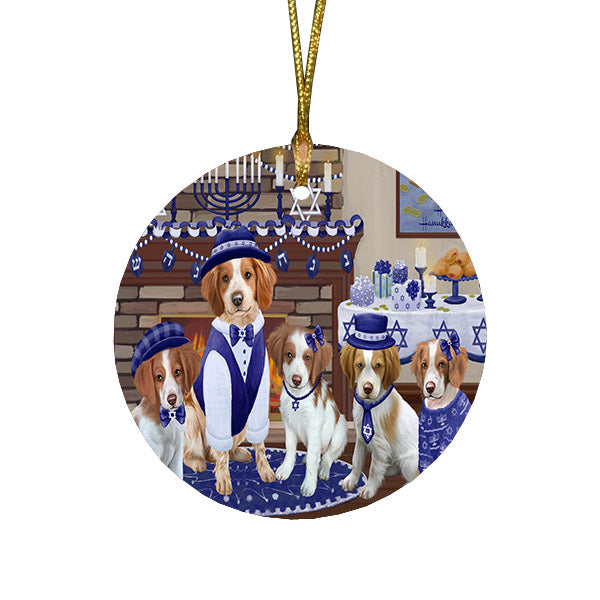 Happy Hanukkah Family and Happy Hanukkah Both Brittany Spaniel Dogs Round Flat Christmas Ornament RFPOR57507