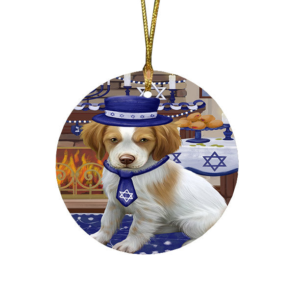 Happy Hanukkah Family and Happy Hanukkah Both Brittany Spaniel Dog Round Flat Christmas Ornament RFPOR57563