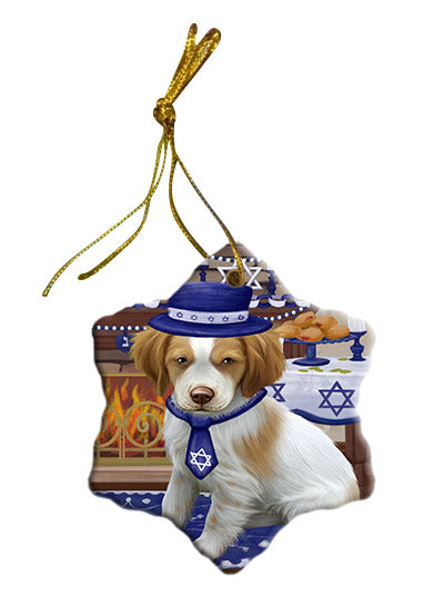 Happy Hanukkah Brittany Spaniel Dog Star Porcelain Ornament SPOR57659